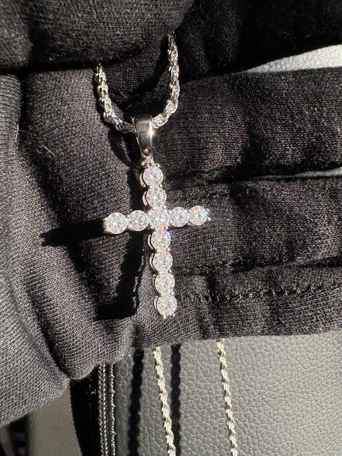 Moissanite Cross Pendant And 22” Rhodium Plated Rope Chain