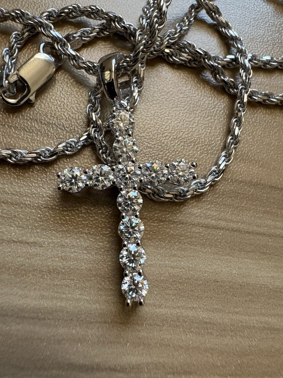 Moissanite Cross Pendant And 22” Rhodium Plated Rope Chain