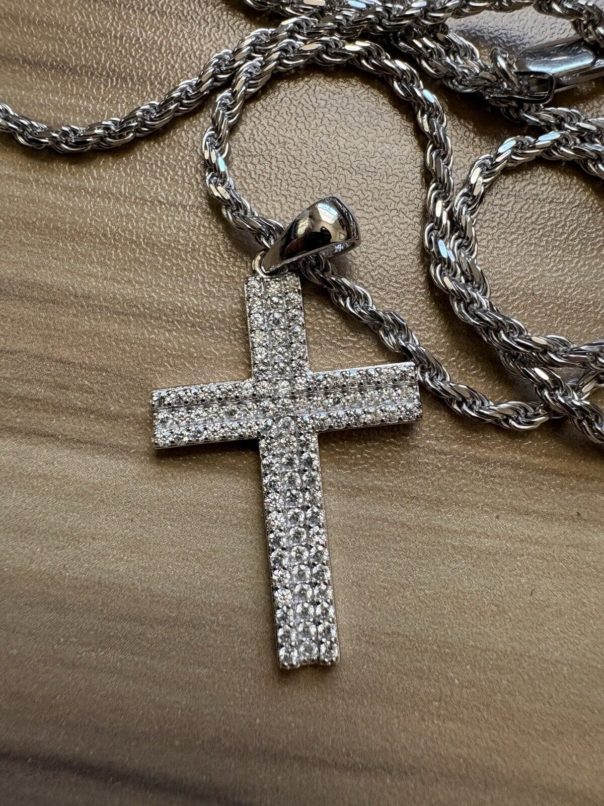 Moissanite Cross Pendant 22” Rhodium Plated Rope Necklace