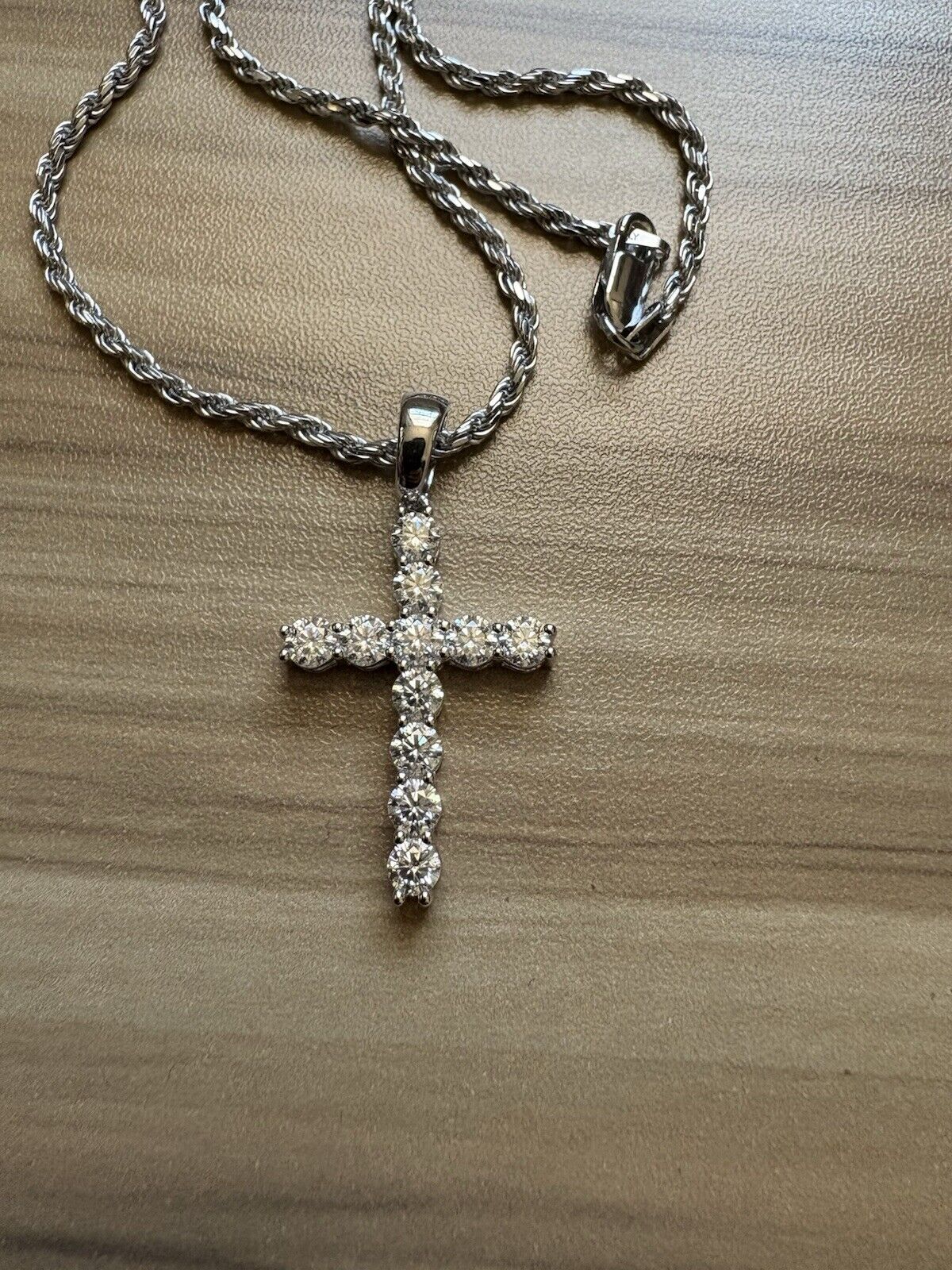 Moissanite Cross Pendant And 22” Rhodium Plated Rope Chain